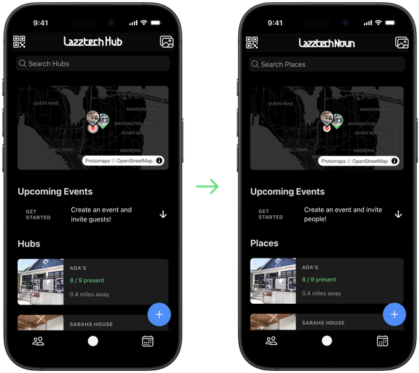 Two screenshots, one of the home page of Lazztech Hub and one of the home page of Lazztech Noun